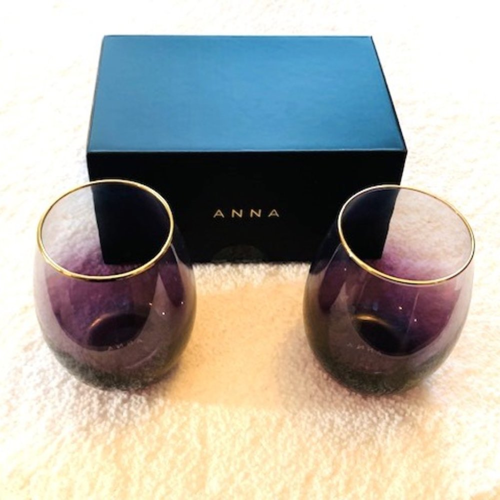 ANNA New York Amethyst Ombre Stemless 24K Gold Rim Wine Glasses Set of 2 New - Picture 3 of 4